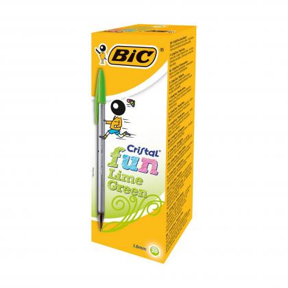 bic-cristal-fun-ballpoint-pens-wide-point-16-mm-lime-green-box-of-20--bicfunyesil20li